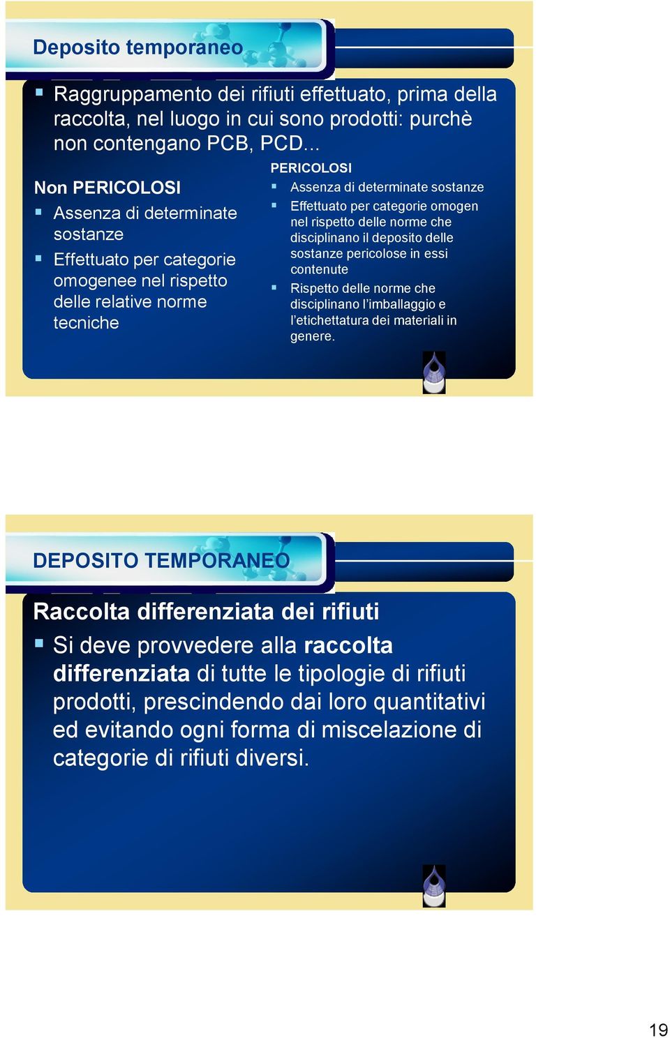 omogen nel rispetto delle norme che disciplinano il deposito delle sostanze pericolose in essi contenute Rispetto delle norme che disciplinano l imballaggio e l etichettatura dei materiali in genere.