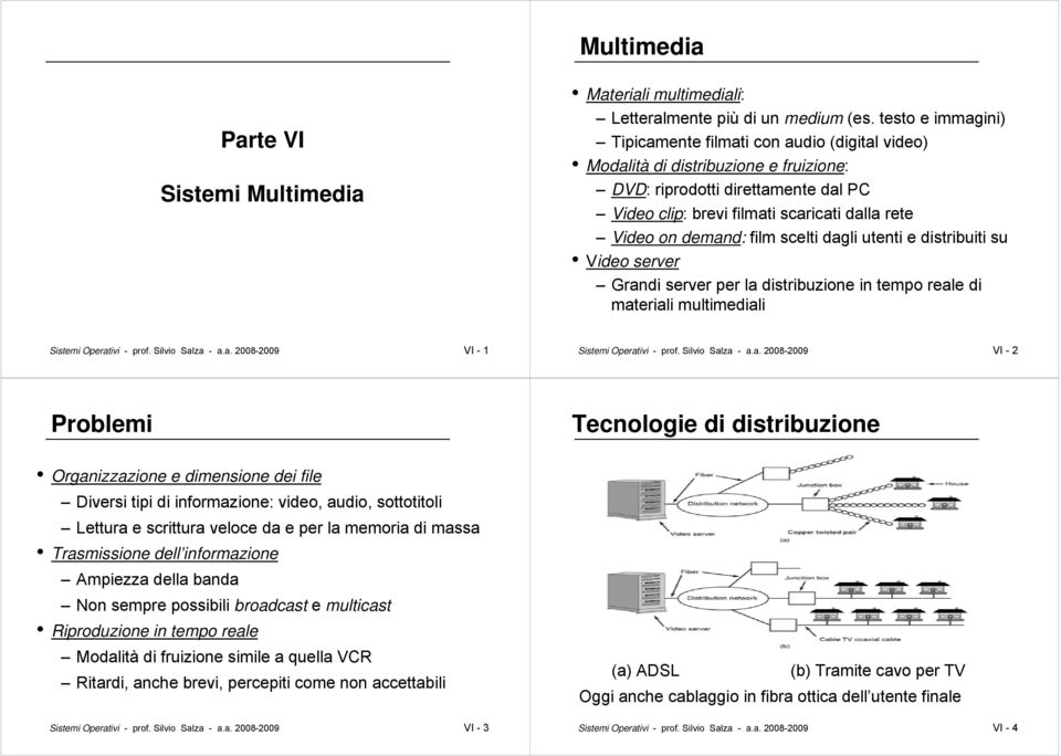 demand: film scelti dagli utenti e distribuiti su Video server Grandi server per la distribuzione in tempo reale di materiali multimediali Sistemi Operativi - prof. Silvio Salza - a.a. 2008-2009 VI - 1 Sistemi Operativi - prof.