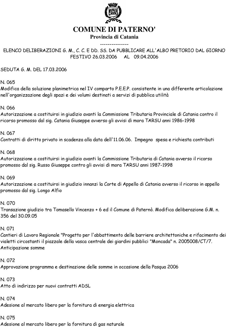 Catania Giuseppe avverso gli avvisi di mora TARSU anni 1986-1998 N. 067 Contratti di diritto privato in scadenza alla data dell'11.06.06. Impegno spesa e richiesta contributi N.