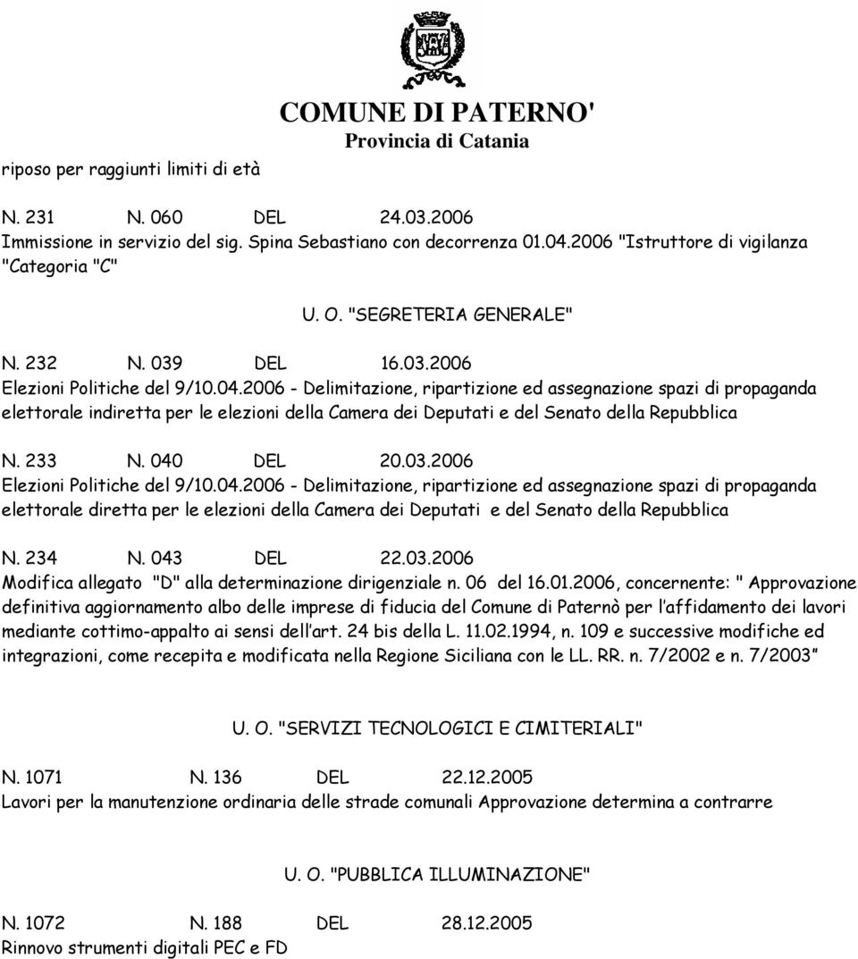 2006 - Delimitazione, ripartizione ed assegnazione spazi di propaganda elettorale indiretta per le elezioni della Camera dei Deputati e del Senato della Repubblica N. 233 N. 040 DEL 20.03.