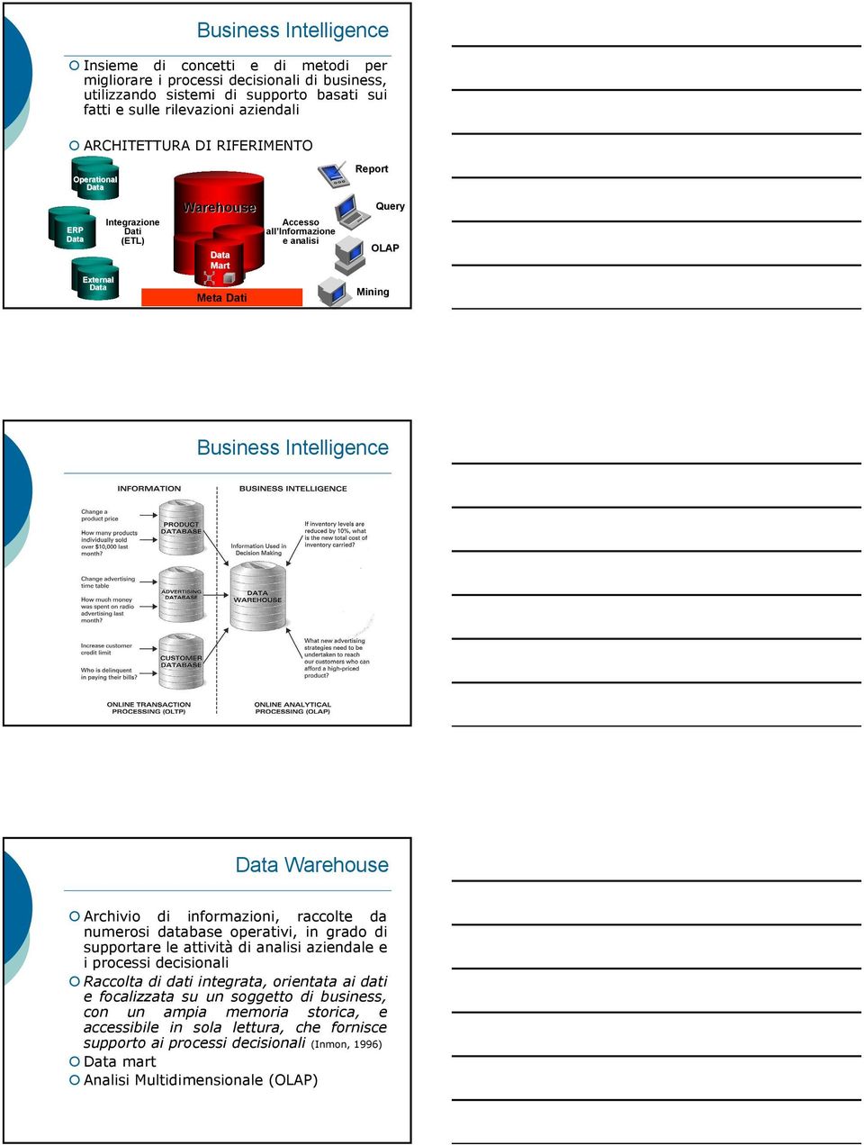 Archivio di iformazioi, raccolte da umerosi database operativi, i grado di supportare le attività di aalisi aziedale e i processi decisioali Raccolta di dati itegrata, orietata ai