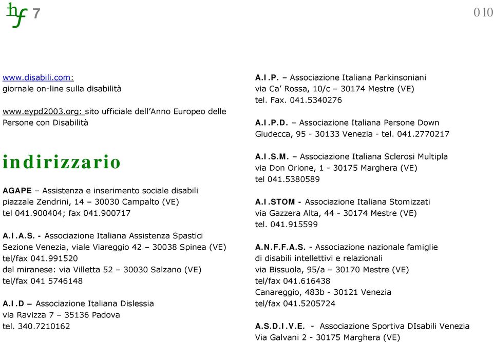 900717 A.I.A.S. - Associazione Italiana Assistenza Spastici Sezione Venezia, viale Viareggio 42 30038 Spinea (VE) tel/fax 041.