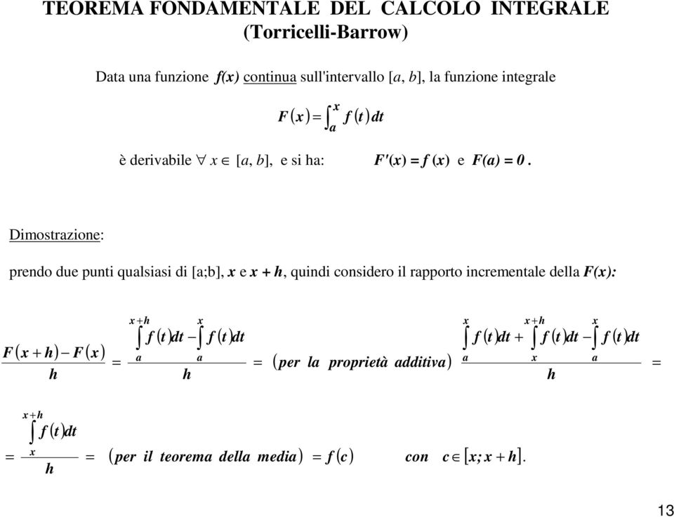 Dimostrzioe: predo due puti qulsisi di [;], e + h, quidi cosidero il rpporto icremetle dell F(): F ( + h)