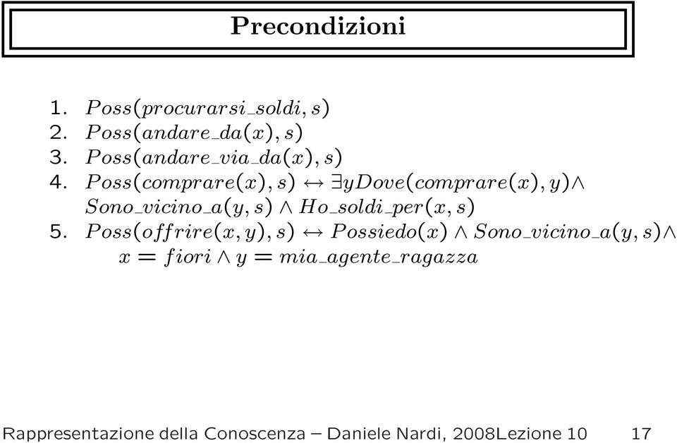 P oss(comprare(x), s) ydove(comprare(x), y) Sono vicino a(y, s) Ho soldi per(x, s) 5.