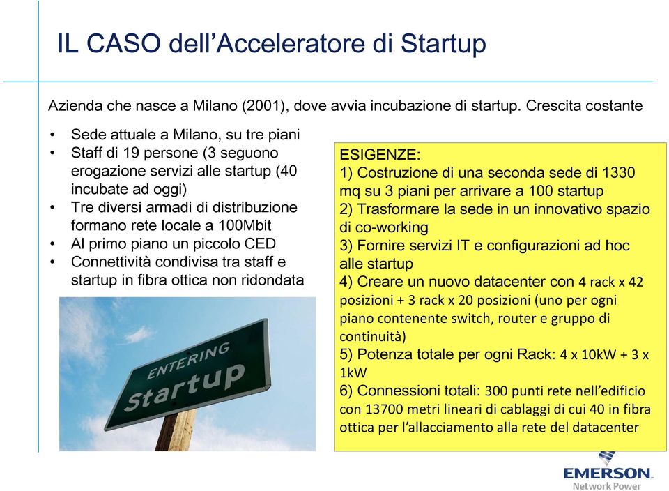 100Mbit Al primo piano un piccolo CED Connettività condivisa tra staff e startup in fibra ottica non ridondata ESIGENZE: 1) Costruzione di una seconda sede di 1330 mq su 3 piani per arrivare a 100