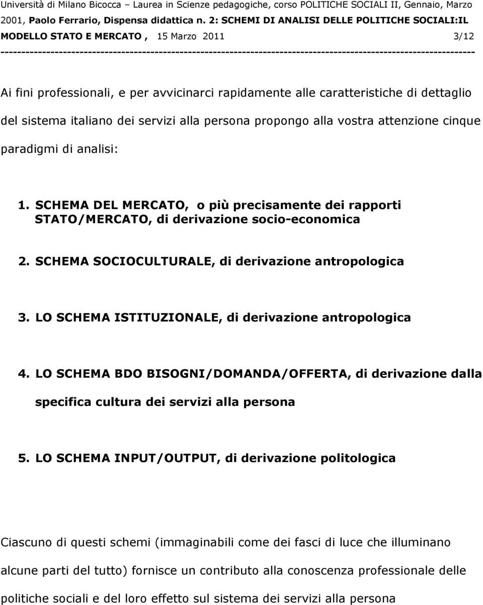 LO SCHEMA ISTITUZIONALE, di derivazione antropologica 4. LO SCHEMA BDO BISOGNI/DOMANDA/OFFERTA, di derivazione dalla specifica cultura dei servizi alla persona 5.