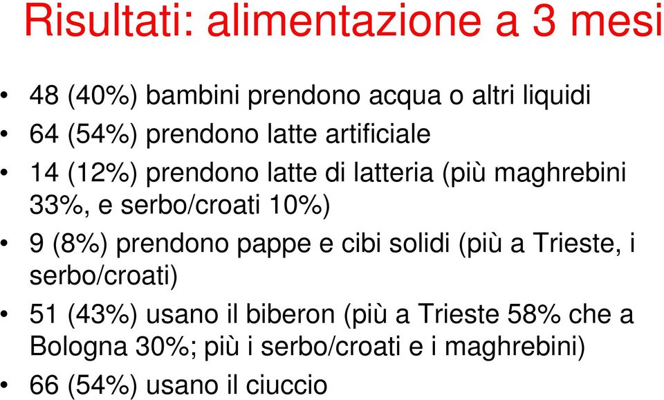 serbo/croati 10%) 9 (8%) prendono pappe e cibi solidi (più a Trieste, i serbo/croati) 51 (43%)