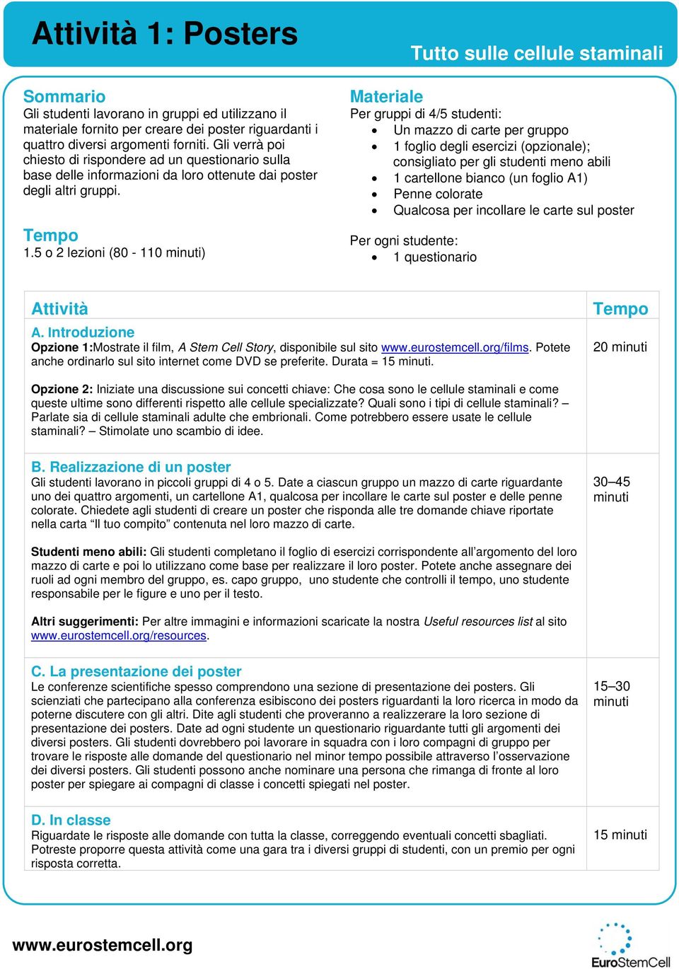 5 o 2 lezioni (80-110 ) Per gruppi di 4/5 studenti: Un mazzo di carte per gruppo 1 foglio degli esercizi (opzionale); consigliato per gli studenti meno abili 1 cartellone bianco (un foglio A1) Penne