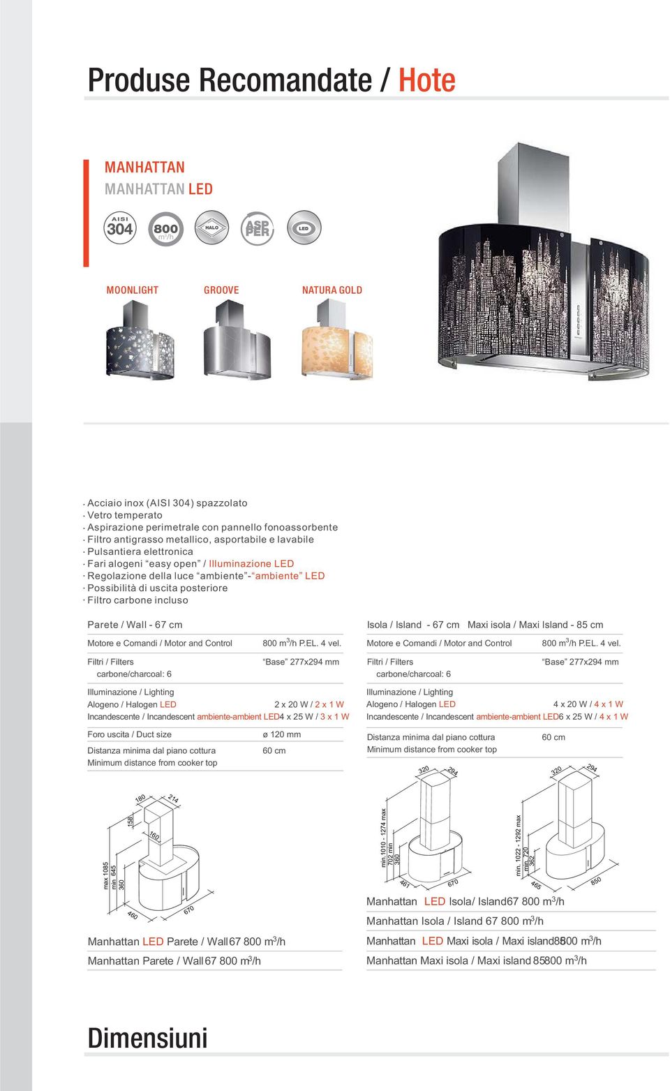 antigrasso metallico, asportabile e lavabile Pulsantiera elettronica Fari alogeni easy open / Illuminazione LED Regolazione della luce ambiente - ambiente LED Possibilità di uscita posteriore Filtro