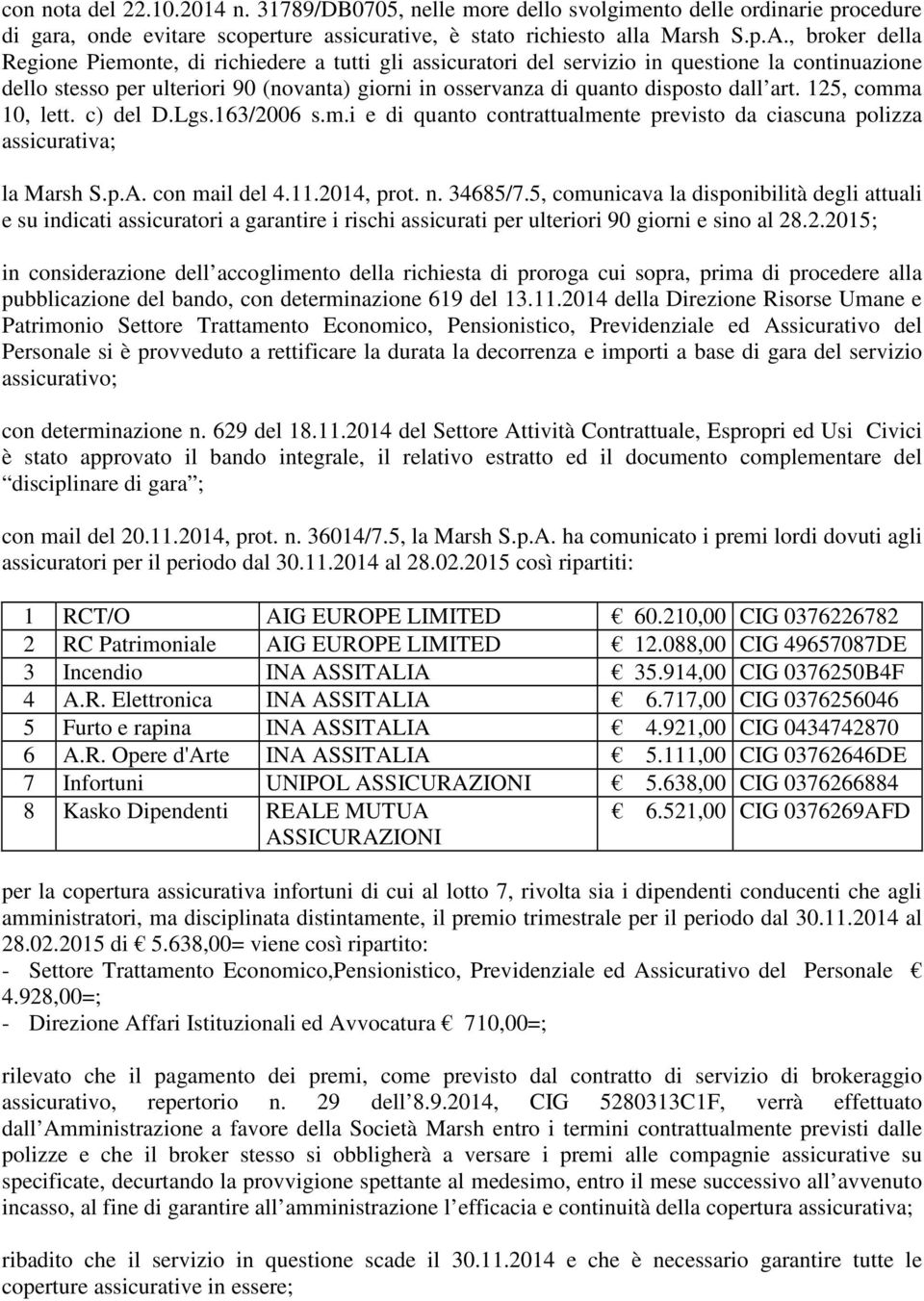 art. 125, comma 10, lett. c) del D.Lgs.163/2006 s.m.i e di quanto contrattualmente previsto da ciascuna polizza assicurativa; la Marsh S.p.A. con mail del 4.11.2014, prot. n. 34685/7.