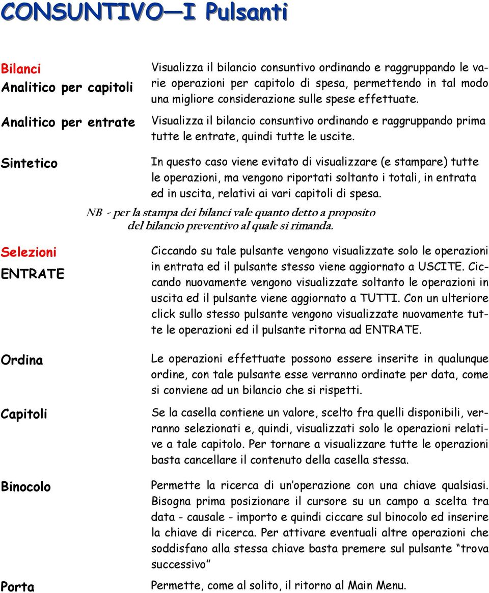 Sintetico Selezioni ENTRATE Ordina Capitoli Binocolo Porta In questo caso viene evitato di visualizzare (e stampare) tutte le operazioni, ma vengono riportati soltanto i totali, in entrata ed in