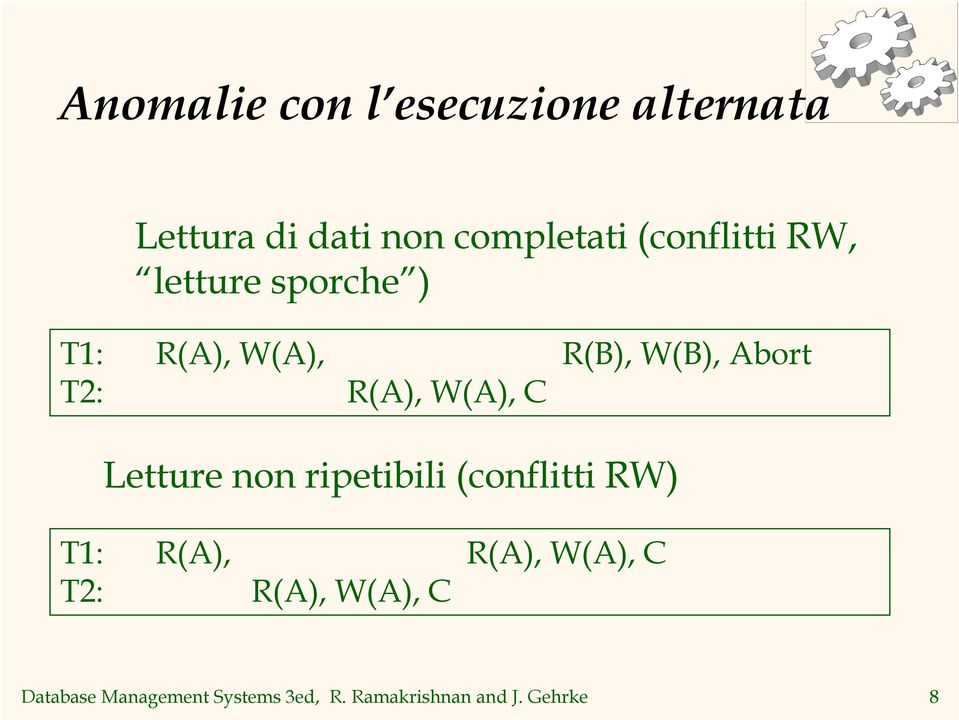 R(A), W(A), C Letture non ripetibili (conflitti RW) T1: R(A), R(A), W(A),