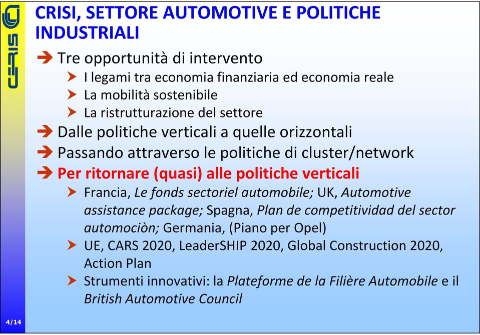 verticali Francia, Le fonds sectoriel automobile; UK, Automotive assistance package; Spagna, Plan de competitividad del sector automociòn; Germania, (Piano per