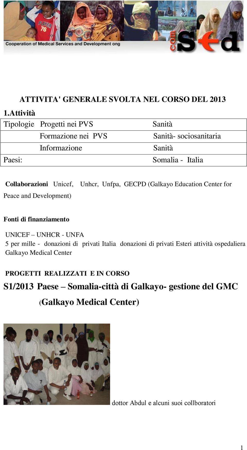 Unicef, Unhcr, Unfpa, GECPD (Galkayo Education Center for Peace and Development) Fonti di finanziamento UNICEF UNHCR - UNFA 5 per mille -