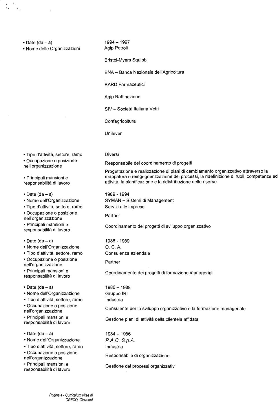 ruoli, competenze ed attività, la pianificazione e la ridistribuzione delle risorse 1989-1994 SYMAN Sistemi di Management Servizi alle imprese Partner Coordinamento dei progetti di sviluppo