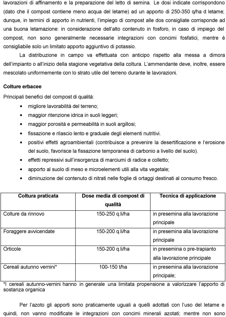 consigliate corrisponde ad una buona letamazione: in considerazione dell alto contenuto in fosforo, in caso di impiego del compost, non sono generalmente necessarie integrazioni con concimi