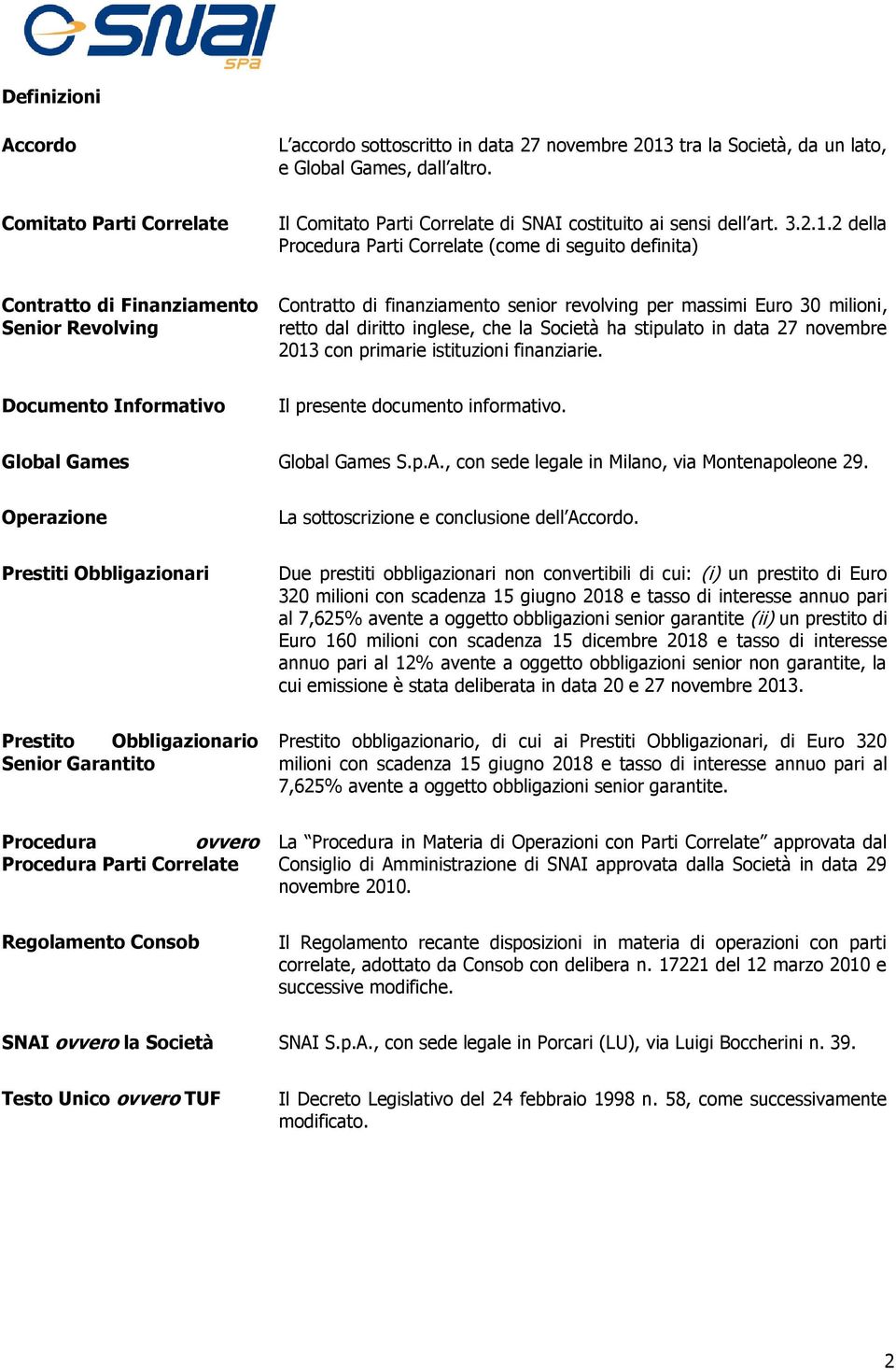 2 della Procedura Parti Correlate (come di seguito definita) Contratto di Finanziamento Senior Revolving Contratto di finanziamento senior revolving per massimi Euro 30 milioni, retto dal diritto