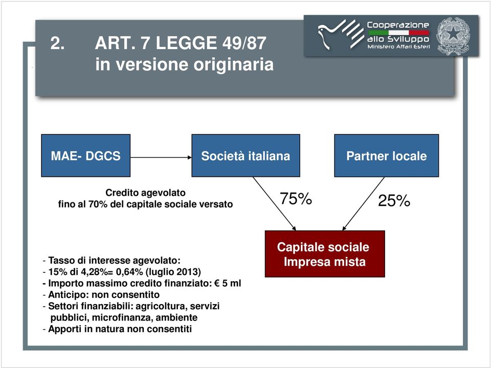 del capitale sociale versato 75% 25% - Tasso di interesse agevolato: - 15% di 4,28%= 0,64% (luglio 2013) -