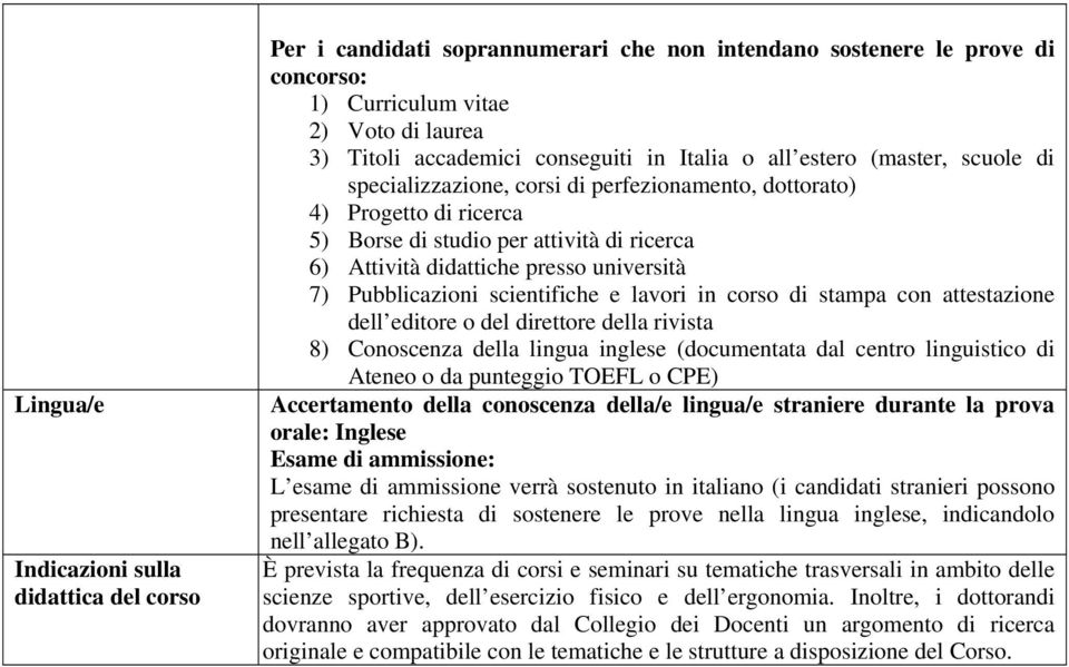 università 7) Pubblicazioni scientifiche e lavori in corso di stampa con attestazione dell editore o del direttore della rivista 8) Conoscenza della lingua inglese (documentata dal centro linguistico