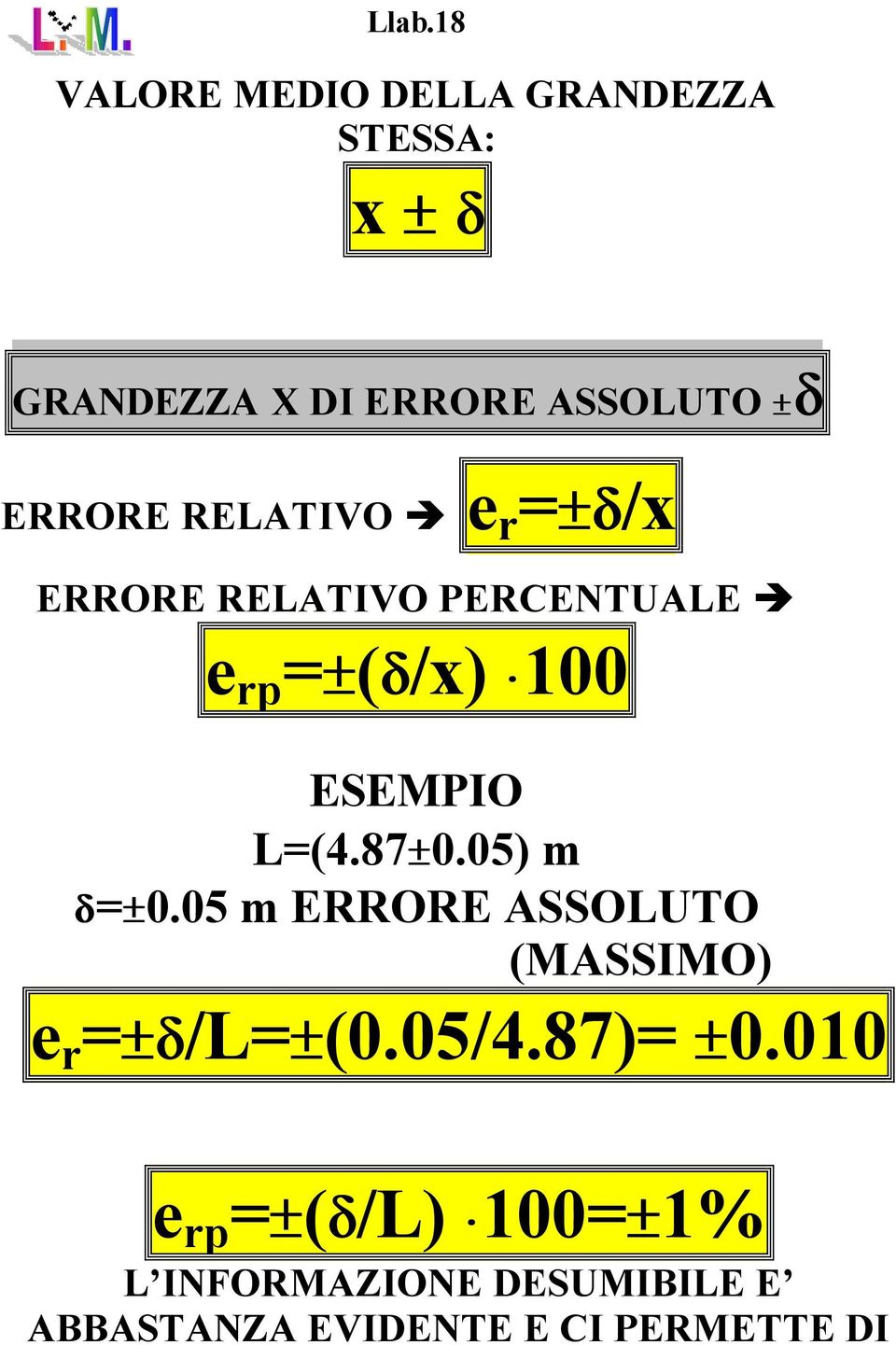 ESEMPIO L(4.87 0.05) 0.05 ERRORE ASSOLUTO (MASSIMO) e r /L (0.05/4.87) 0.
