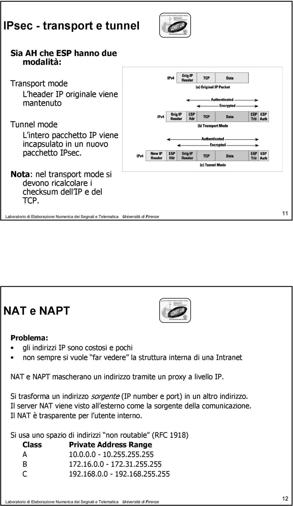 11 NAT e NAPT Problema: gli indirizzi IP sono costosi e pochi non sempre si vuole far vedere la struttura interna di una Intranet NAT e NAPT mascherano un indirizzo tramite un proxy a livello IP.