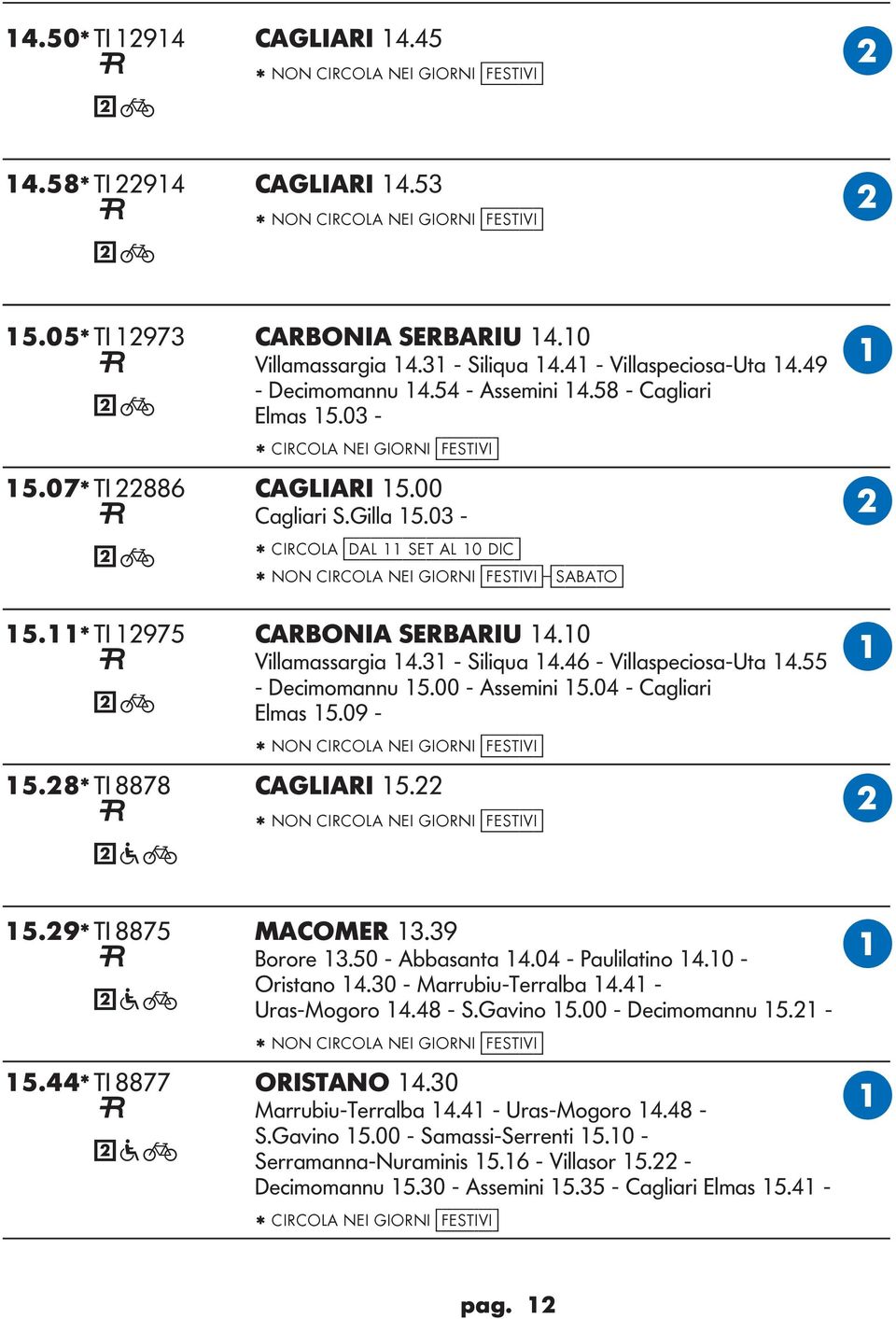 03 - * CIRCO [dal 11 set al 10 dic] * NON CIRCO NEI IORNI [festivi]-[sabato] 15.11* TI 12975 CRONI SERRIU 14.10 Villamassargia 14.31 - Siliqua 14.46 - Villaspeciosa-Uta 14.55 - Decimomannu 15.