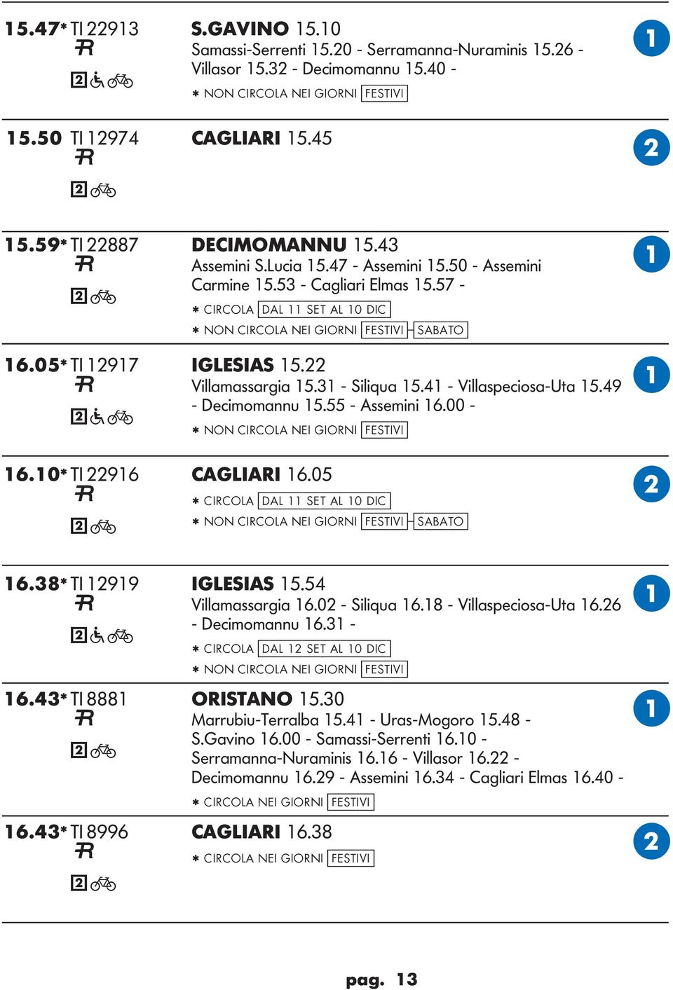 05* TI 12917 IESIS 15.22 Villamassargia 15.31 - Siliqua 15.41 - Villaspeciosa-Uta 15.49 - Decimomannu 15.55 - ssemini 16.00 - * NON CIRCO NEI IORNI [festivi] 16.10* TI 22916 CIRI 16.