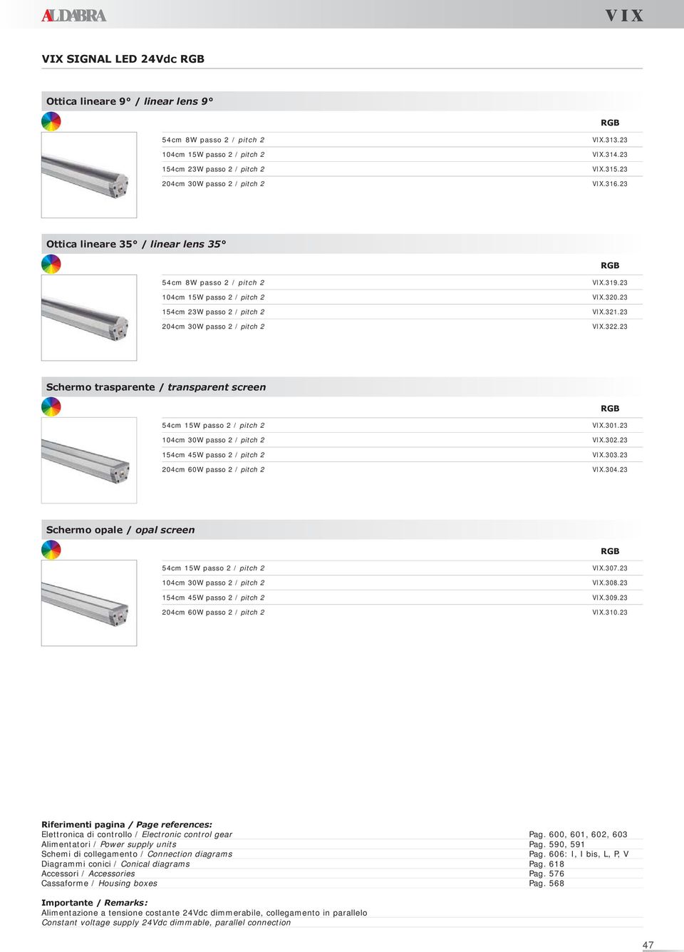 23 Schermo trasparente / transparent screen RGB 54cm 15W passo 2 / pitch 2 104cm 30W passo 2 / pitch 2 154cm 45W passo 2 / pitch 2 204cm 60W passo 2 / pitch 2 VIX.301.23 VIX.302.23 VIX.303.23 VIX.304.