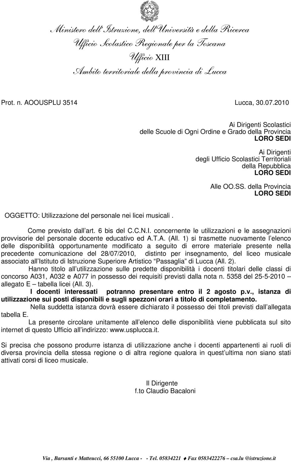 concernente le utilizzazioni e le assegnazioni provvisorie del personale docente educativo ed A.T.A. (All.