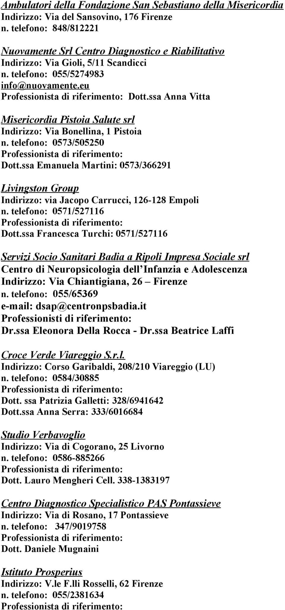 ssa Anna Vitta Misericordia Pistoia Salute srl Indirizzo: Via Bonellina, 1 Pistoia n. telefono: 0573/505250 Dott.