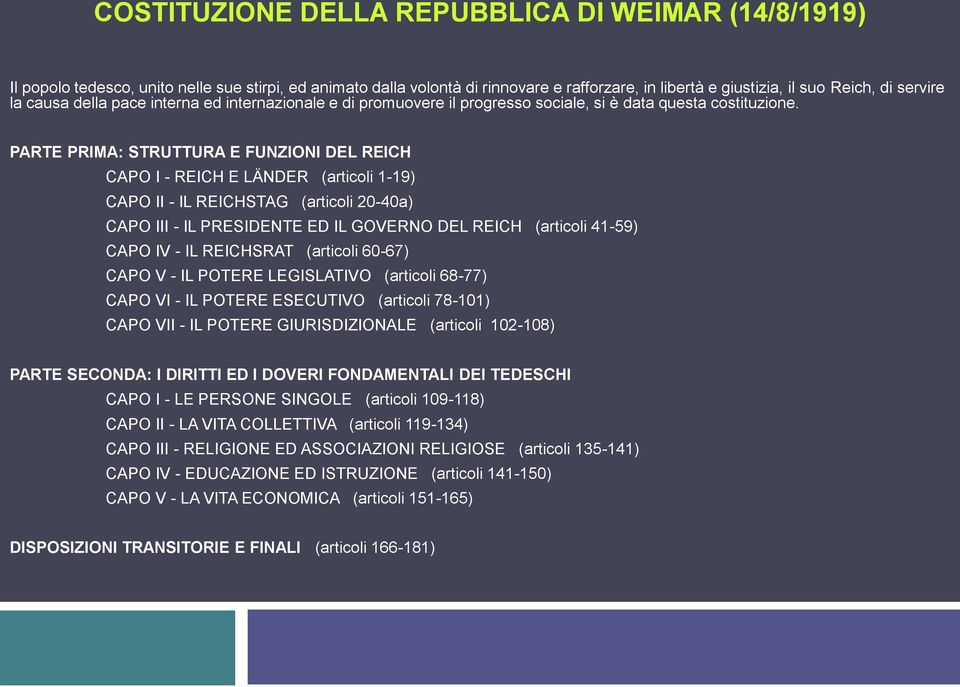 PARTE PRIMA: STRUTTURA E FUNZIONI DEL REICH CAPO I - REICH E LÄNDER (articoli 1-19) CAPO II - IL REICHSTAG (articoli 20-40a) CAPO III - IL PRESIDENTE ED IL GOVERNO DEL REICH (articoli 41-59) CAPO IV