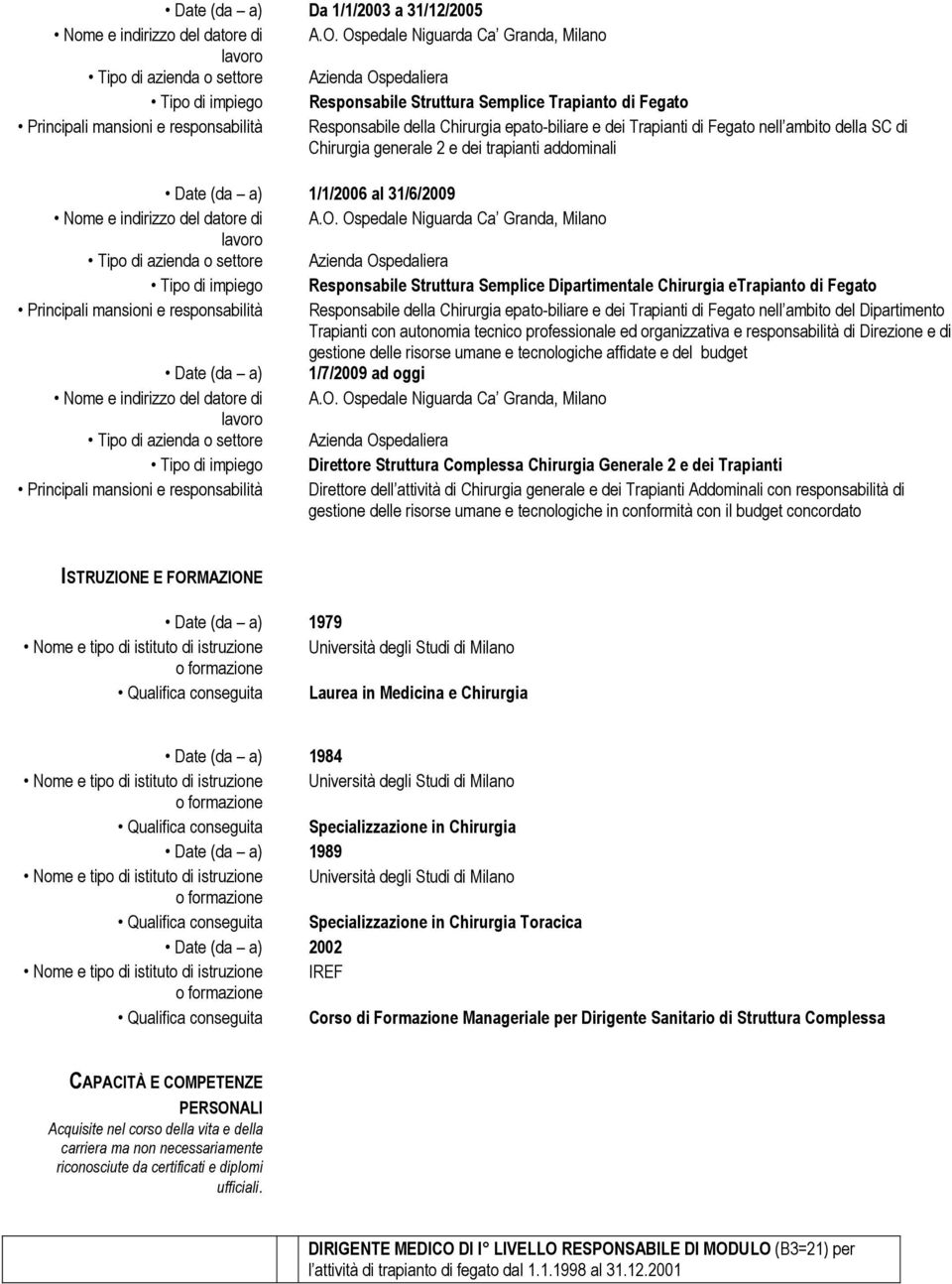 etrapianto di Fegato Principali mansioni e responsabilità Responsabile della Chirurgia epato-biliare e dei Trapianti di Fegato nell ambito del Dipartimento Trapianti con autonomia tecnico