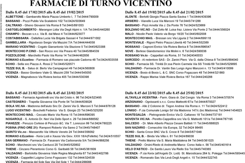 0444/623077 COSTABISSARA - Dallafina Lucia Via Brigata Sassari 4 Tel.0444/971002 GAMBELLARA - Rigodanzo Sergio Via Mazzini 7/A Tel.0444/444058 MARANO VICENTINO - Cogato Gianantonio Via Stazione 5 Tel.