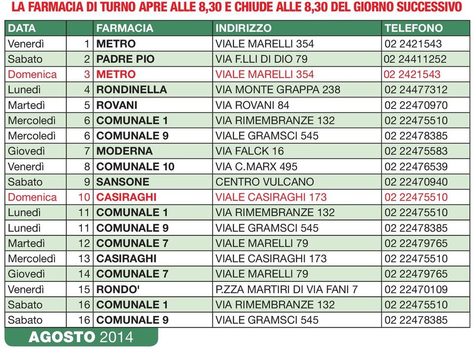 RIMEMBRANZE 132 02 22475510 Mercoledì 6 COMUNALE 9 VIALE GRAMSCI 545 02 22478385 Giovedì 7 MODERNA VIA FALCK 16 02 22475583 Venerdì 8 COMUNALE 10 VIA C.