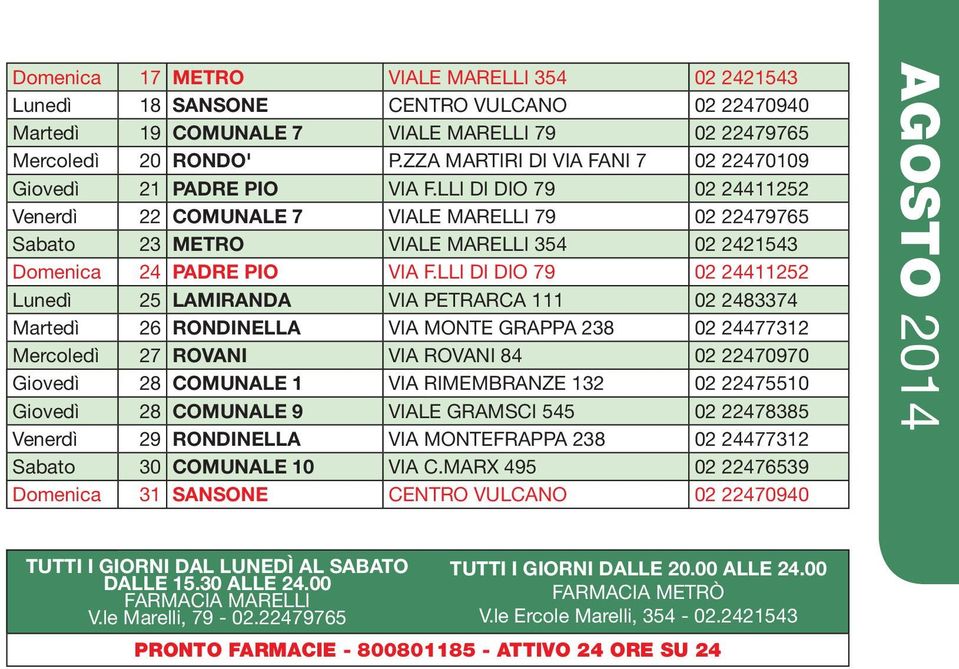 LLI DI DIO 79 02 24411252 Venerdì 22 COMUNALE 7 VIALE MARELLI 79 02 22479765 Sabato 23 METRO VIALE MARELLI 354 02 2421543 Domenica 24 PADRE PIO VIA F.