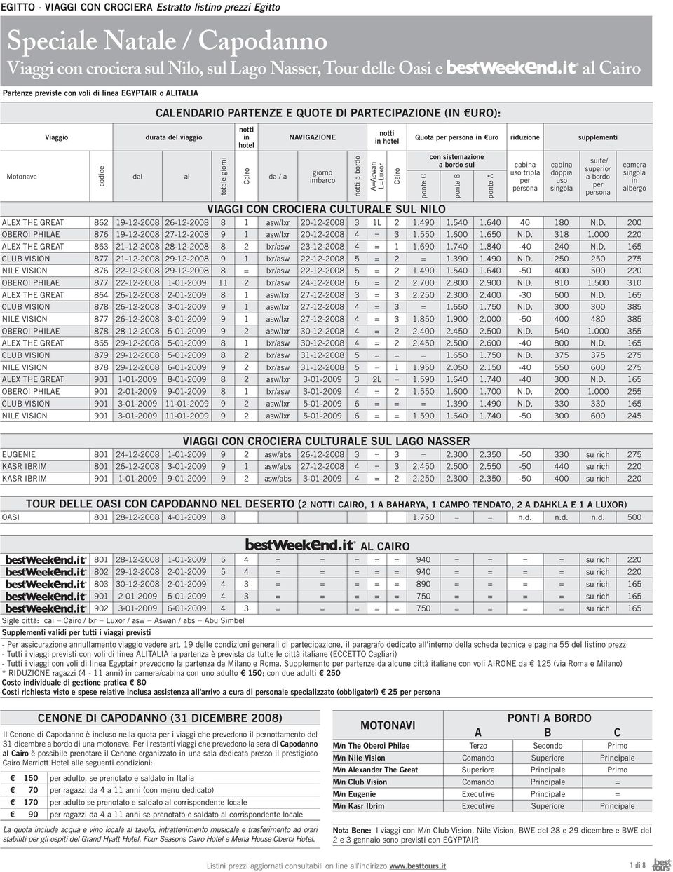 hotel A=Aswan L=Luxor Cairo Quota per persona in uro riduzione supplementi ponte C con sistemazione a bordo sul ponte B ponte A cabina uso tripla per persona VIAGGI CON CROCIERA CULTURALE SUL NILO