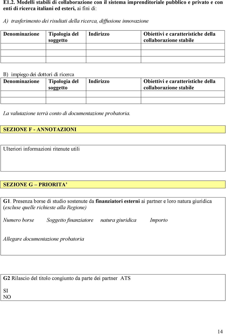 Indirizzo Obiettivi e caratteristiche della collaborazione stabile La valutazione terrà conto di documentazione probatoria.