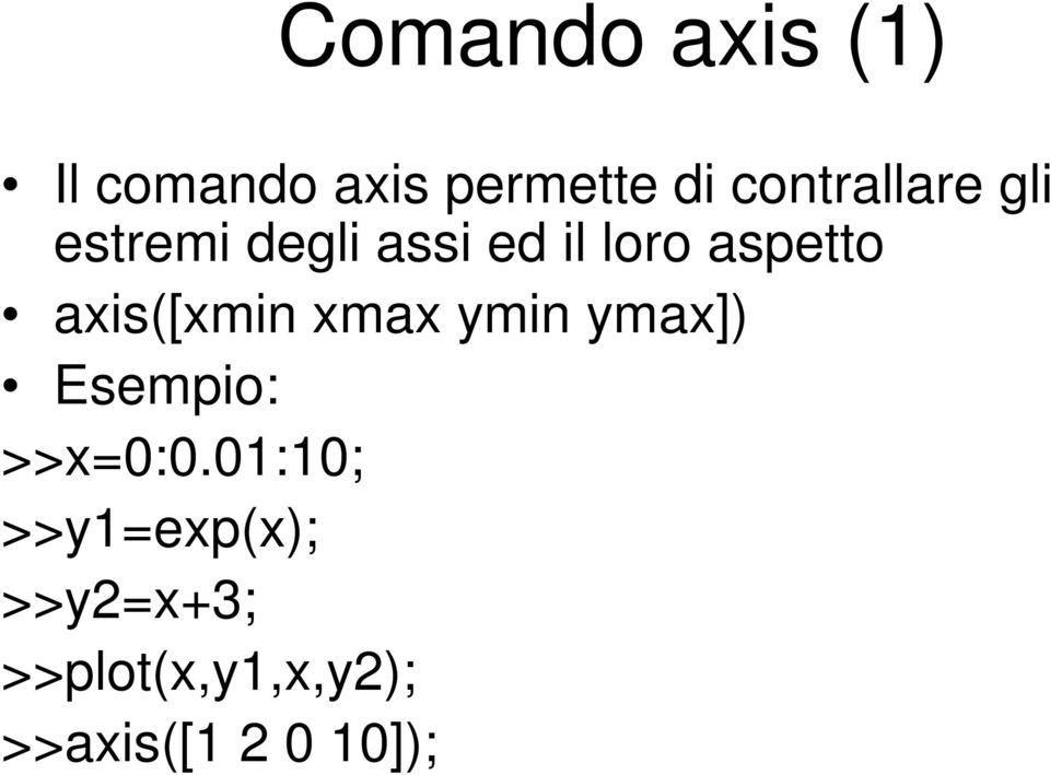 aspetto axis([xmin xmax ymin ymax]) Esempio: >>x=0:0.