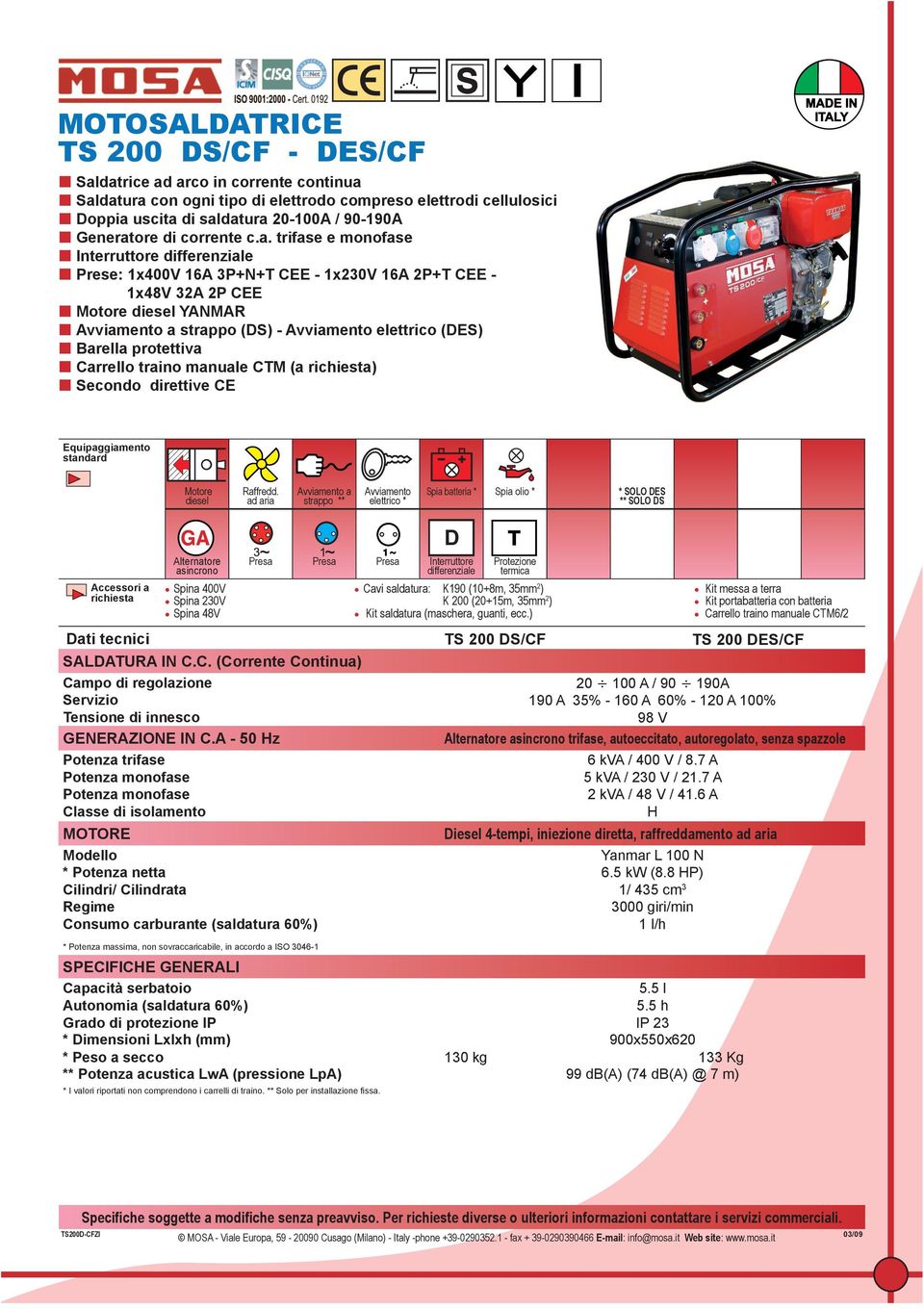 A - 50 z termica Cavi : K190 (10+8m, 35mm 2 ) K 200 (20+15m, 35mm 2 ) TS 200 S/CF Kit porta con Carrello traino manuale CTM6/2 20 100 A / 90 190A 190 A 35% - 160 A 60% - 120 A 100% 98 V trifase,