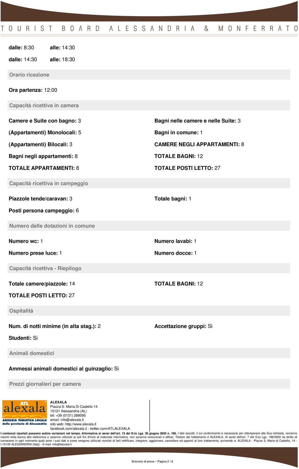 in campeggio Piazzole tende/caravan: 3 Totale bagni: 1 Posti persona campeggio: 6 Numero delle dotazioni in comune Numero wc: 1 Numero lavabi: 1 Numero prese luce: 1 Numero docce: 1 Capacità