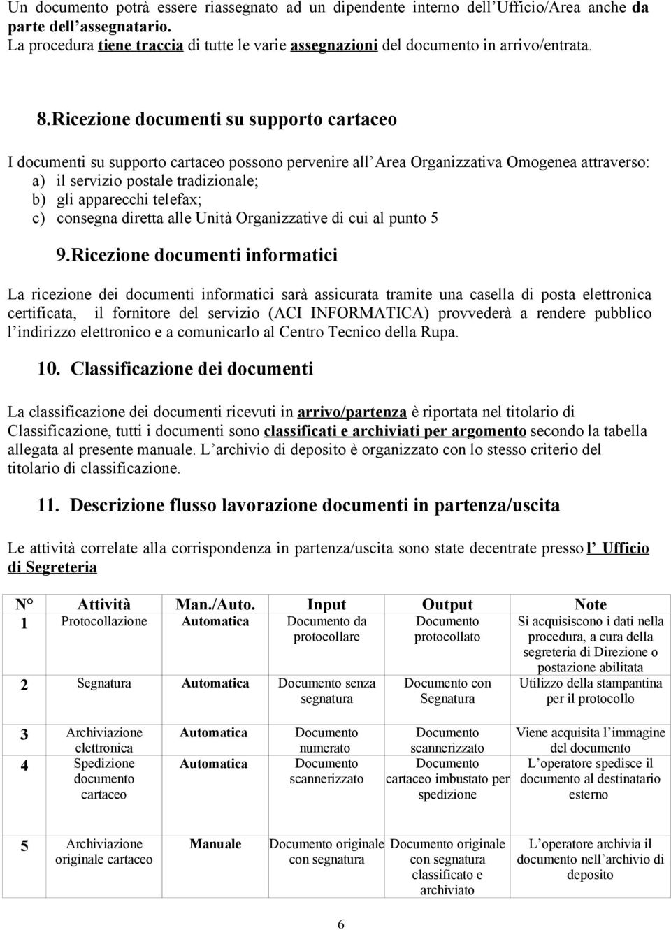 Ricezione documenti su supporto cartaceo I documenti su supporto cartaceo possono pervenire all Area Organizzativa Omogenea attraverso: a) il servizio postale tradizionale; b) gli apparecchi telefax;