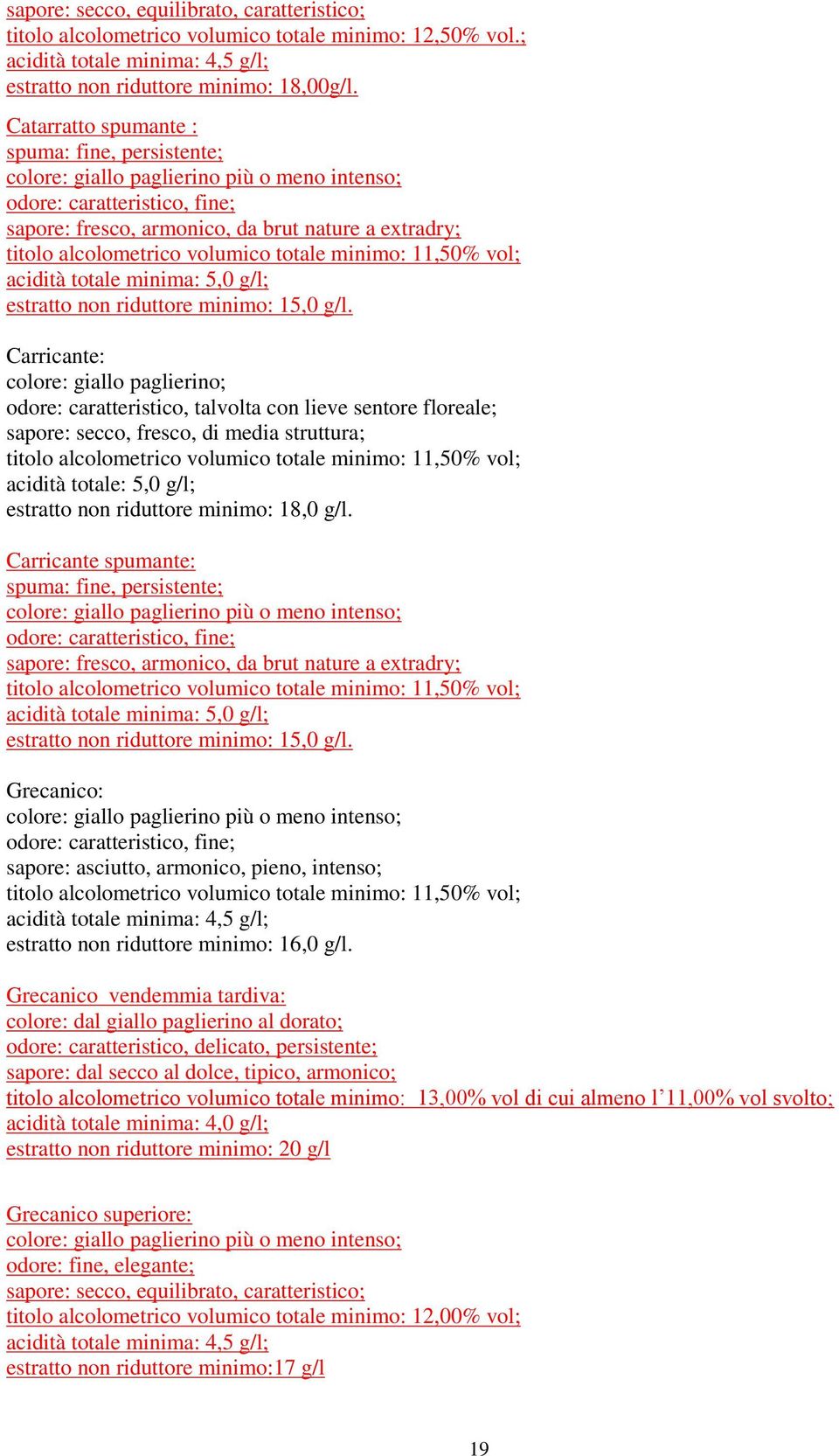 g/l. Carricante: colore: giallo paglierino; odore: caratteristico, talvolta con lieve sentore floreale; sapore: secco, fresco, di media struttura; acidità totale: 5,0 g/l; estratto non riduttore