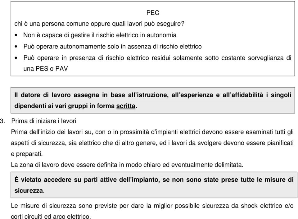 sorveglianza di una PES o PAV Il datore di lavoro assegna in base all istruzione, all esperienza e all affidabilità i singoli dipendenti ai vari gruppi in forma scritta. 3.