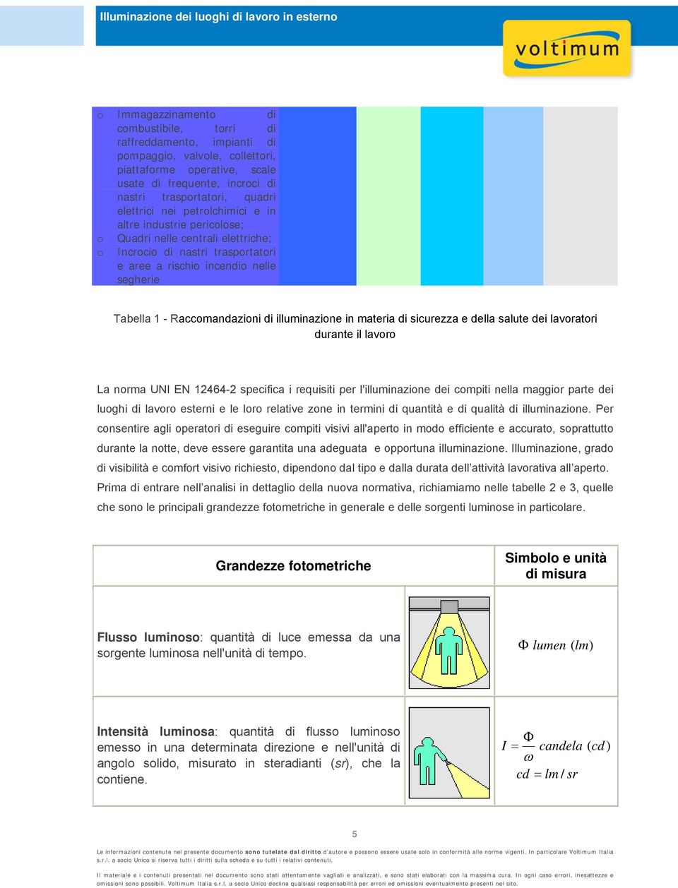 Raccomandazioni di illuminazione in materia di sicurezza e della salute dei lavoratori durante il lavoro La norma UNI EN 12464-2 specifica i requisiti per l'illuminazione dei compiti nella maggior