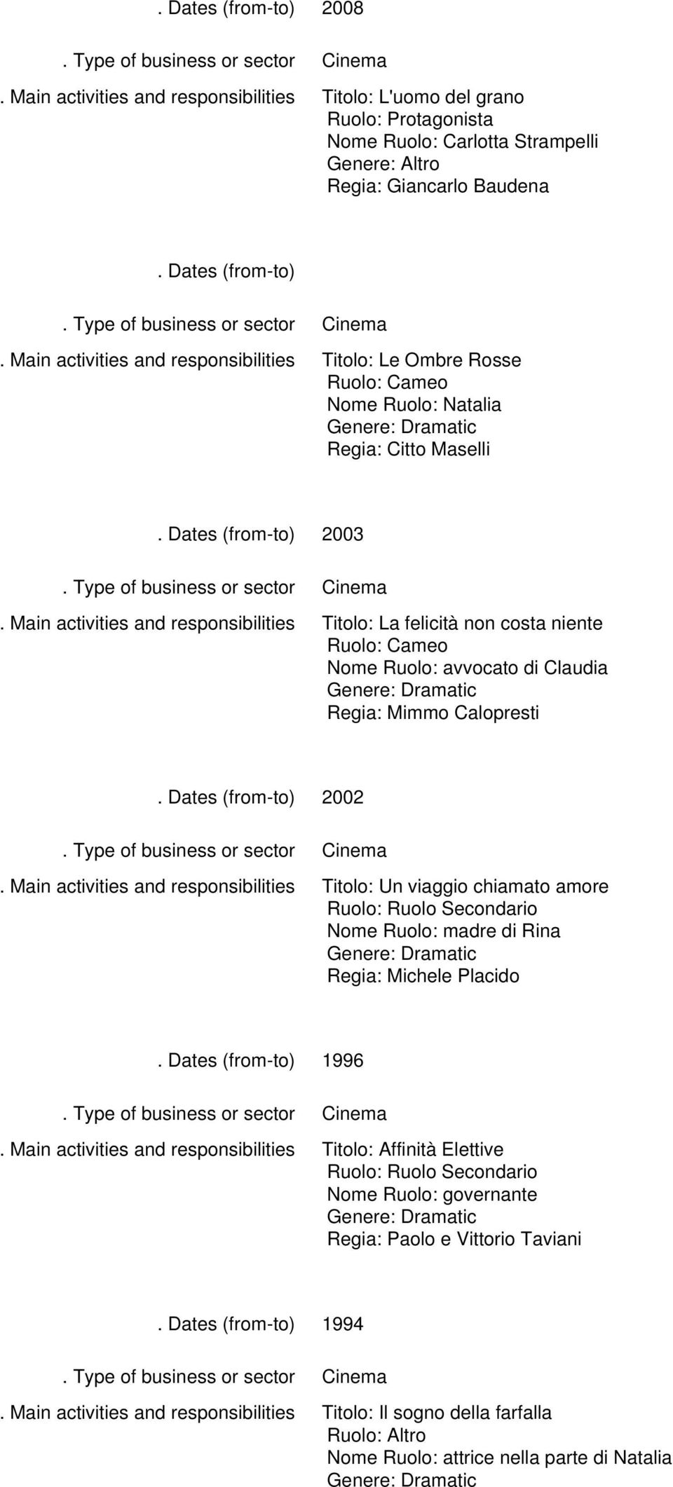 chiamato amore Ruolo: Ruolo Secondario Nome Ruolo: madre di Rina Regia: Michele Placido 1996 Titolo: Affinità Elettive Ruolo: Ruolo