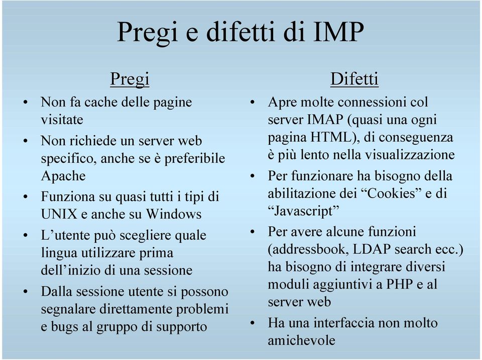 Difetti Apre molte connessioni col server IMAP (quasi una ogni pagina HTML), di conseguenza è più lento nella visualizzazione Per funzionare ha bisogno della abilitazione dei Cookies