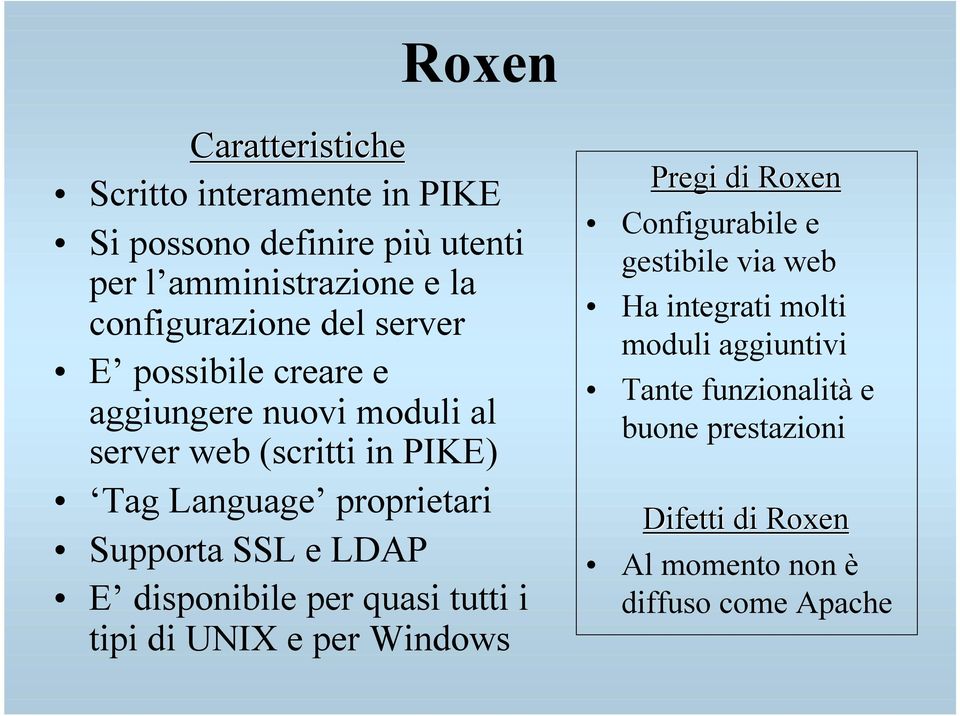 SSL e LDAP E disponibile per quasi tutti i tipi di UNIX e per Windows Pregi di Roxen Configurabile e gestibile via web Ha