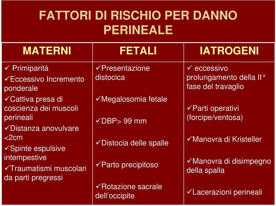 distocica Megalosomia fetale DBP> 99 mm Distocia delle spalle Parto precipitoso Rotazione sacrale dell occipite eccessivo prolungamento