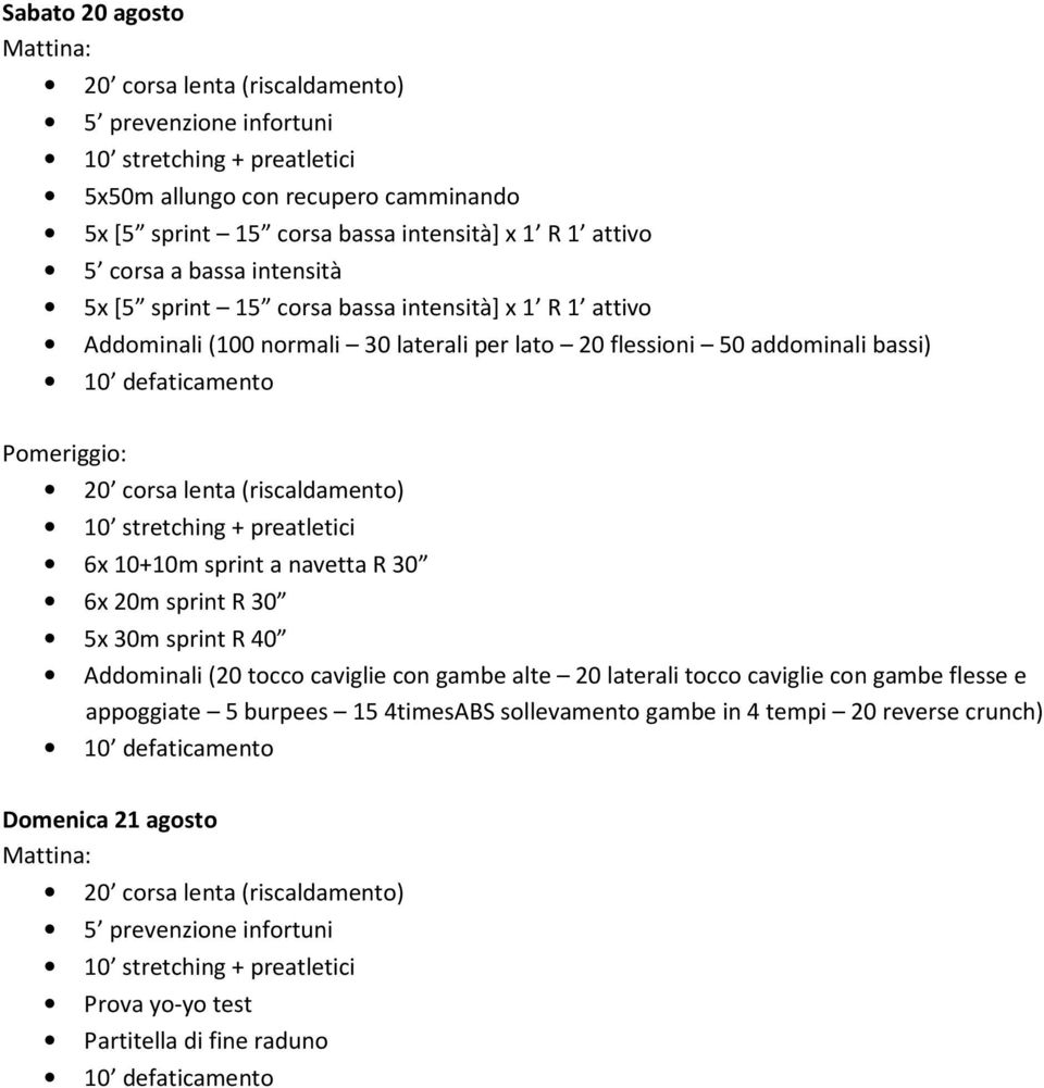 (100 normali 30 laterali per lato 20 flessioni 50 addominali bassi) 6x 10+10m sprint a navetta R 30