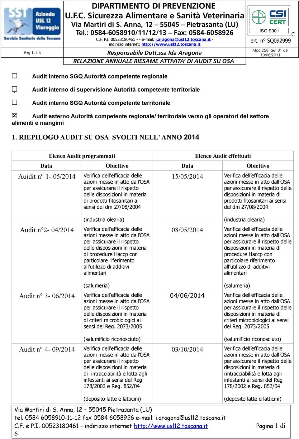 01 del 10/06/2011 Audit interno SGQ Autorità competente regionale Audit interno di supervisione Autorità competente territoriale Audit interno SGQ Autorità competente territoriale Audit esterno